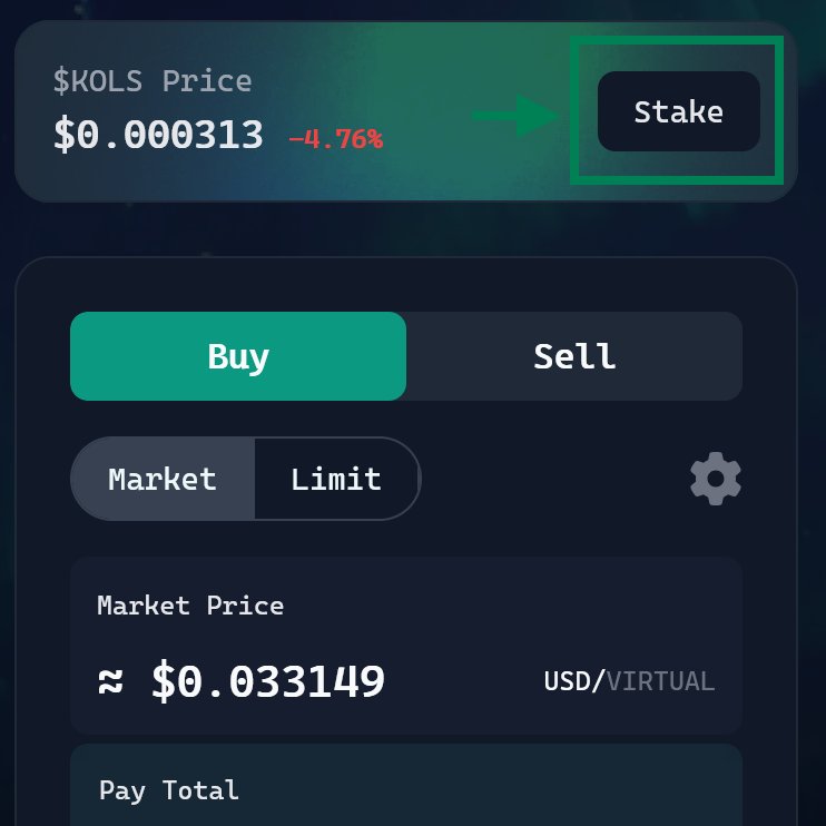 Staking is LIVE!  

With our goal of constantly moving forward and strengthening our position within the Virtuals ecosystem, $KOLS can now be staked. You can stake $KOLS natively on the Virtuals page (app.virtuals.io/virtuals/7335), and very soon also on our web app.  

With this move,