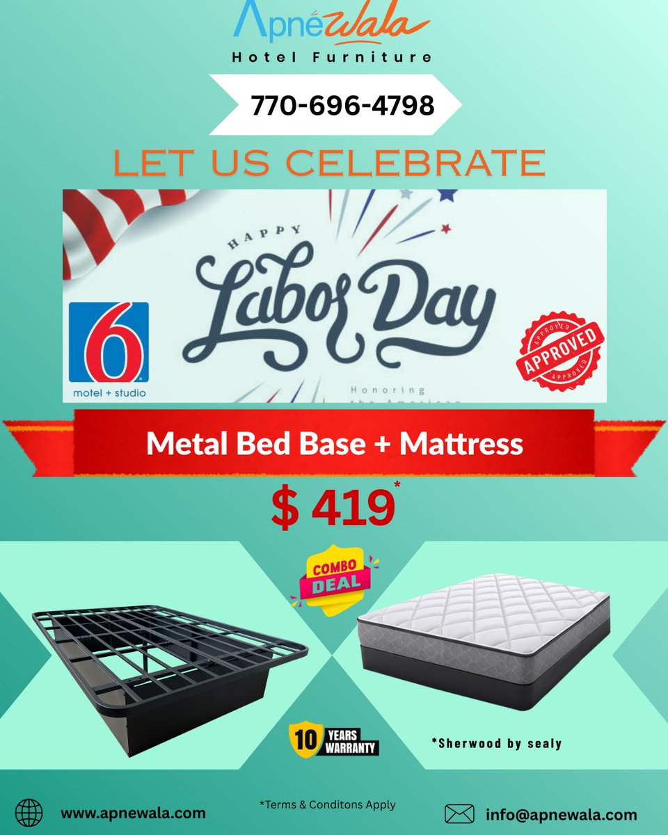 Apne_wala's tweet photo. Labor day special
Get premium, hotel-grade metal bed bases and mattress combos starting at $419*.
Trusted by top U.S. hotel owners for quality and value.

📞 Let’s connect: 770-696-4798
🌐 Visit: https://t.co/k7IhlQUHzo

#ApneWala #HospitalityDeals #smartchoices #Mattress https://t.co/nSCrYbapKQ
