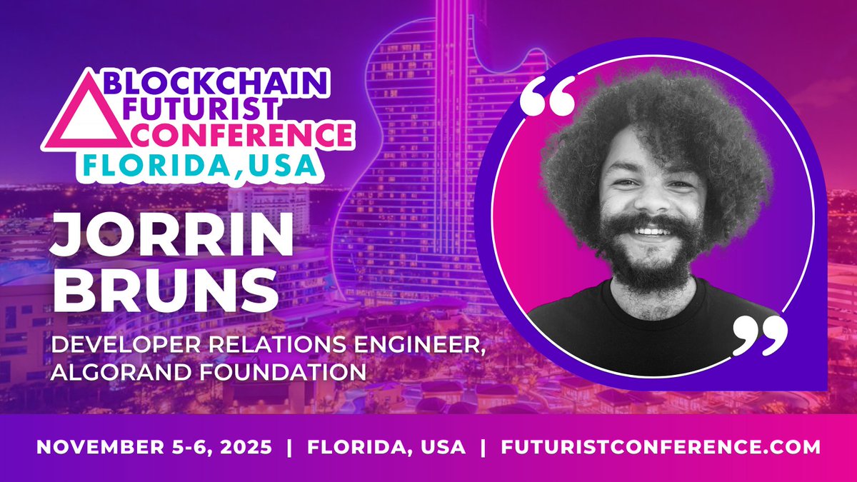 Blockchain Futurist Conference (@futurist_conf) on Twitter photo 🚀 New Futurist Miami Speaker: Jorrin Bruns 🚀
Excited to welcome <a href="/JorrinB/">Jorrin Bruns</a>, Developer Relations Engineer at <a href="/AlgoFoundation/">Algorand Foundation</a>, to the 8th Annual of Blockchain Futurist Conference in Miami! 🌴
📅 Nov 5–6, 2025
📍 DAER & Hard Rock Hotel + Casino
See you in the future 🔮 🚀 New Futurist Miami Speaker: Jorrin Bruns 🚀
Excited to welcome <a href="/JorrinB/">Jorrin Bruns</a>, Developer Relations Engineer at <a href="/AlgoFoundation/">Algorand Foundation</a>, to the 8th Annual of Blockchain Futurist Conference in Miami! 🌴
📅 Nov 5–6, 2025
📍 DAER & Hard Rock Hotel + Casino
See you in the future 🔮