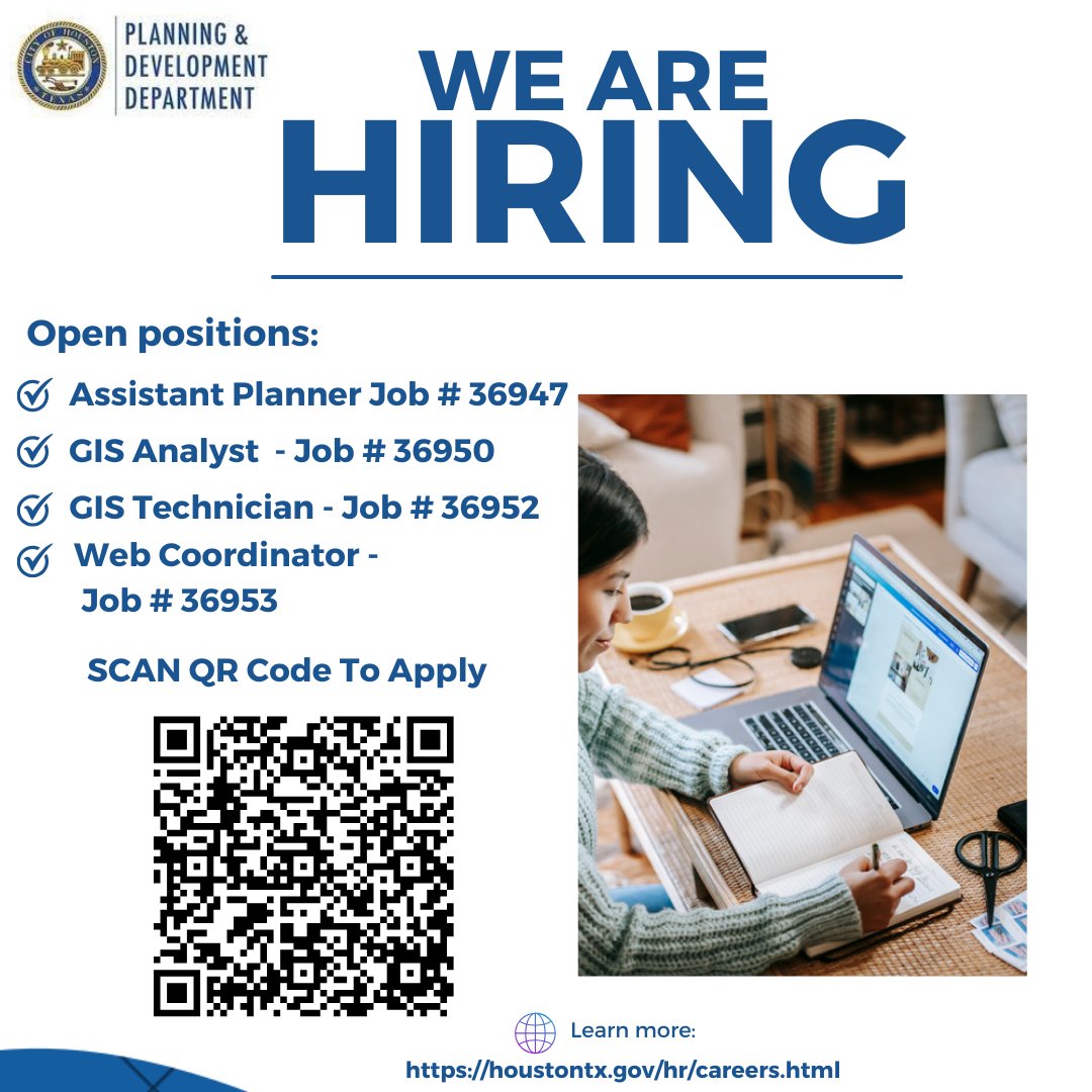 The City of Houston's Planning and Development department is hiring for various roles. 

If you know someone great for this roles, tag them or share this post.

Application link ➡️ bit.ly/4mpkMHu