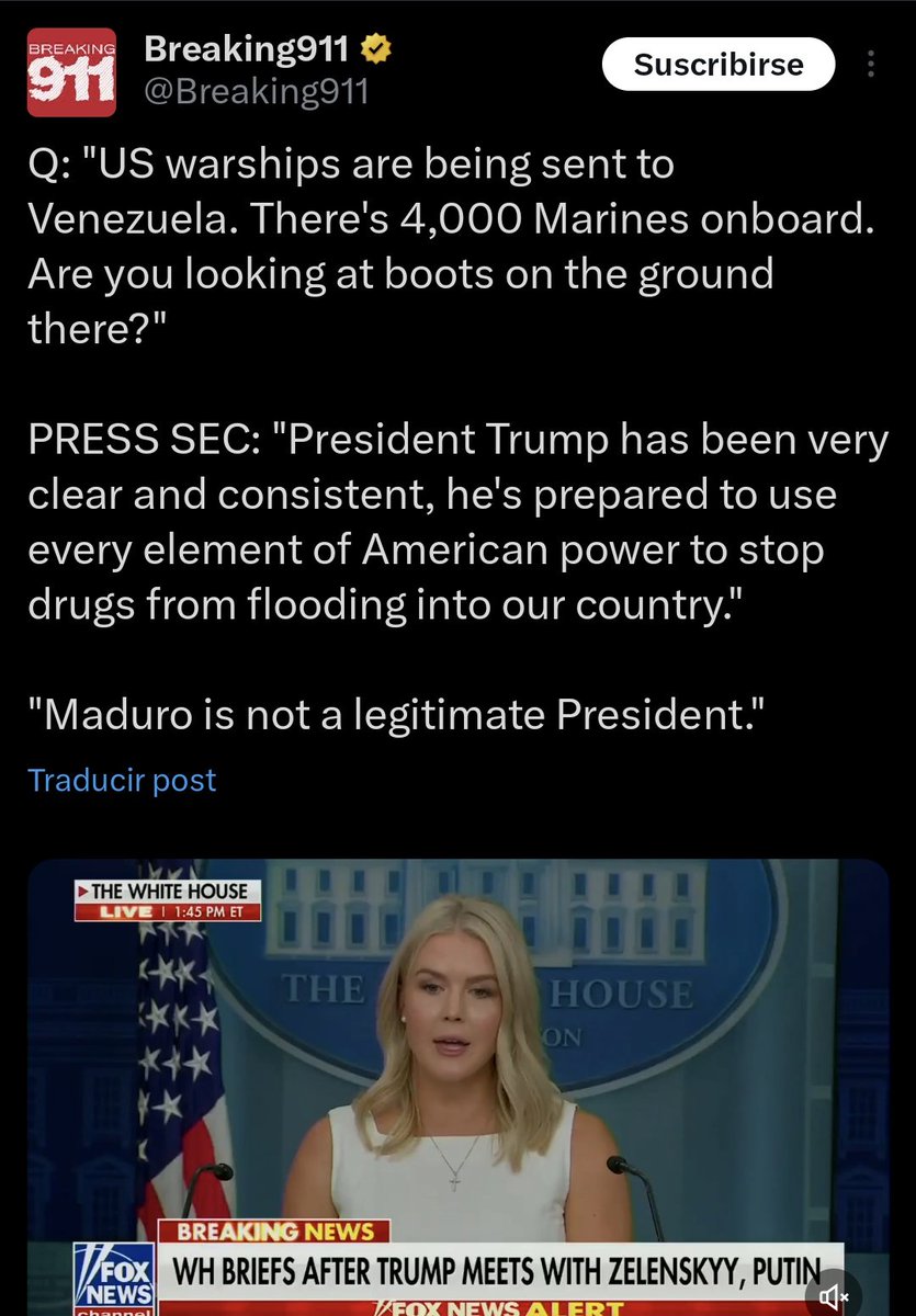 EmmaRincon's tweet photo. Leavitt al ser preguntada sobre Ucrania: "El presidente Trump ha dicho que no pondría militares sobre el terreno..."

Leavitt al ser preguntada sobre Venezuela: "El presidente Trump ha dicho que está preparado para utilizar cada elemento de la fuerza estadounidense" https://t.co/k1OVEwLvOi