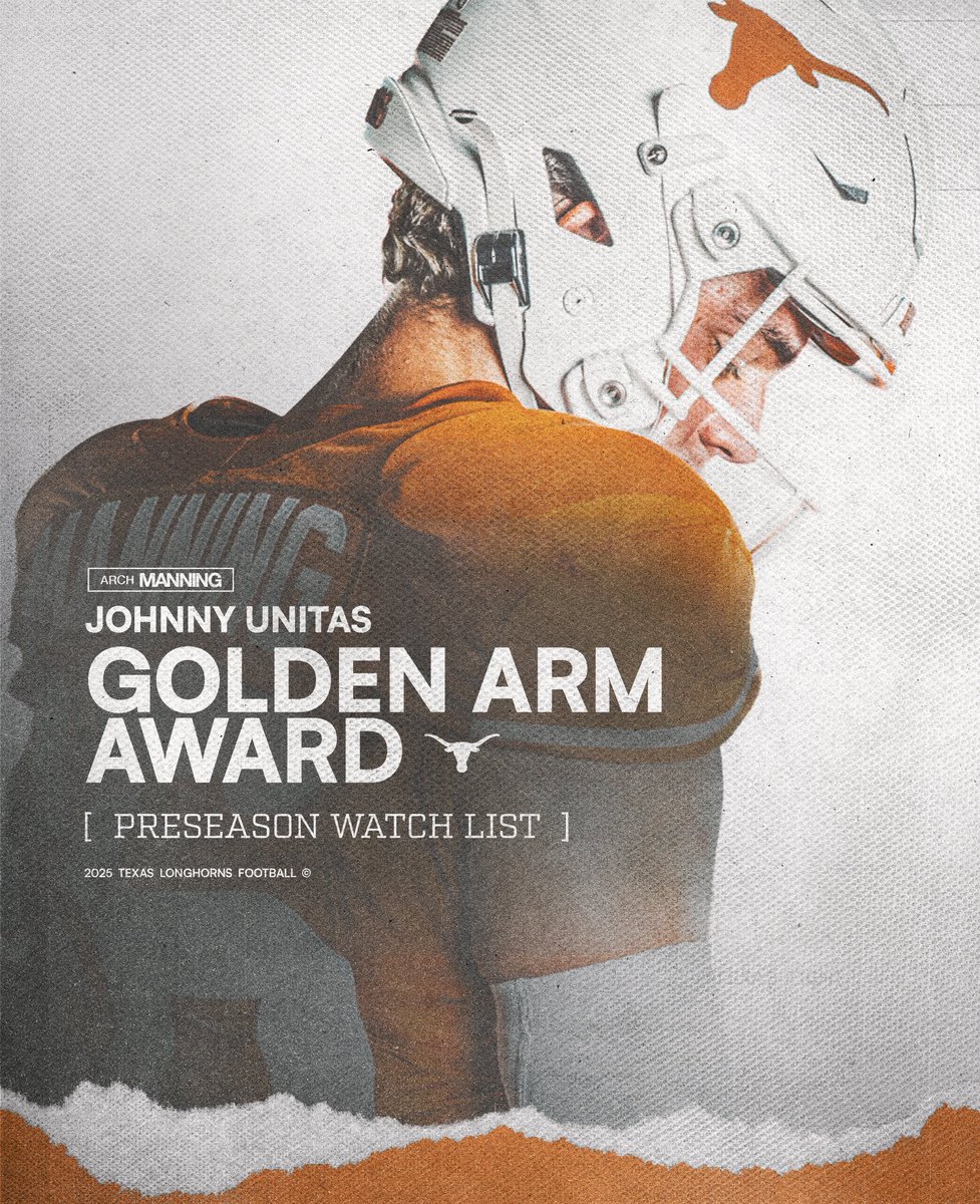 Texas Football (@texasfootball) on Twitter photo Arch Manning has been named to the Johnny Unitas Golden Arm Award Watch List 🤘<a href="/ArchManning/">Arch Manning</a> x <a href="/GoldenArmAward/">Golden Arm Award</a> Arch Manning has been named to the Johnny Unitas Golden Arm Award Watch List 🤘<a href="/ArchManning/">Arch Manning</a> x <a href="/GoldenArmAward/">Golden Arm Award</a>