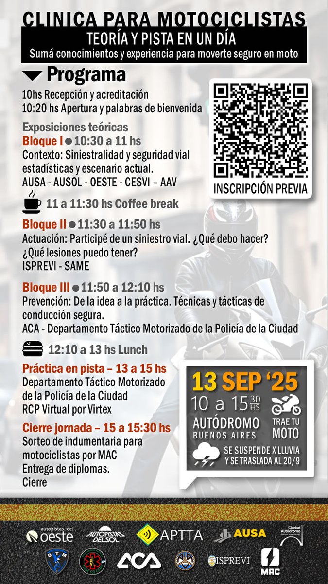 Periodistas, autopistas e instituciones, unidos por la seguridad vial.

Clínica para motociclistas. 
📅 13 de sep.
⏰️ 10 a 15:30 h
Autódromo de Capital Federal 
Anotate escaneando el QR! 👌 

En Argentina, casi la mitad de las víctimas fatales por choques son motociclistas.