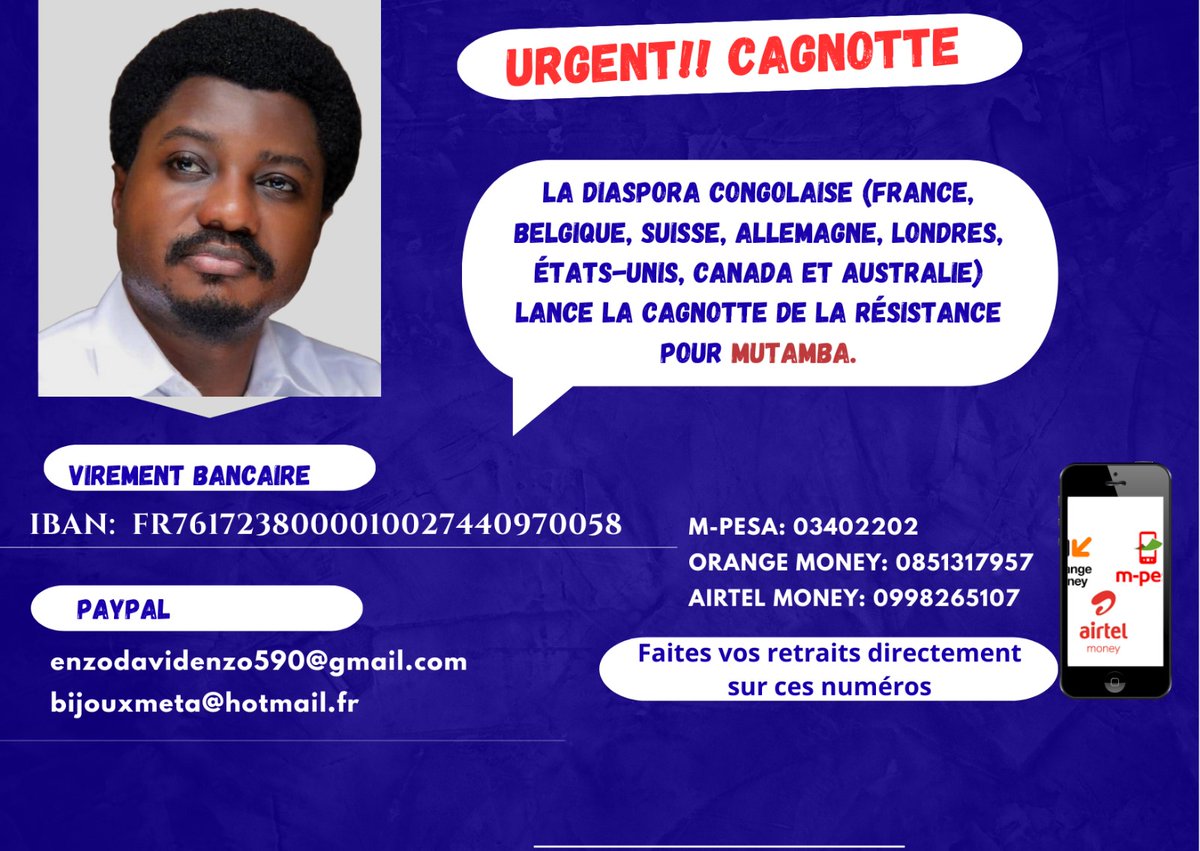 Jose Mbala (@josembala3) on Twitter photo La cagnotte de la résistance vient d'être lancée pour soutenir <a href="/ConstantMutamba/">Constant Mutamba</a>. Faites vos dépôts sur les numéros susmentionnés. La cagnotte de la résistance vient d'être lancée pour soutenir <a href="/ConstantMutamba/">Constant Mutamba</a>. Faites vos dépôts sur les numéros susmentionnés.