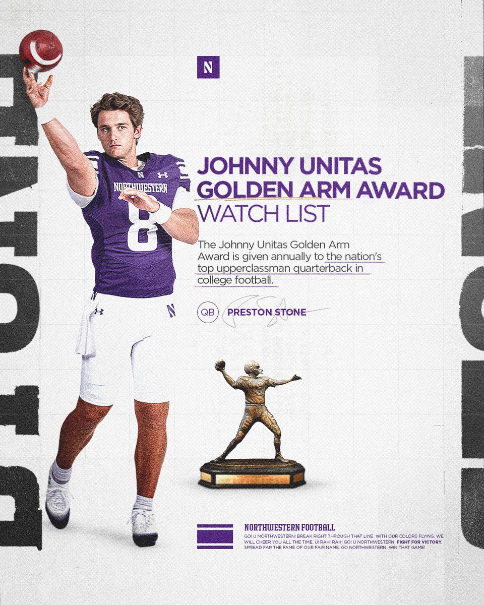 Northwestern Football (@nufbfamily) on Twitter photo QB1. Johnny Unitas Golden Arm Watch List.
<a href="/_prestonstone/">Preston Stone</a> x <a href="/GoldenArmAward/">Golden Arm Award</a> QB1. Johnny Unitas Golden Arm Watch List.
<a href="/_prestonstone/">Preston Stone</a> x <a href="/GoldenArmAward/">Golden Arm Award</a>