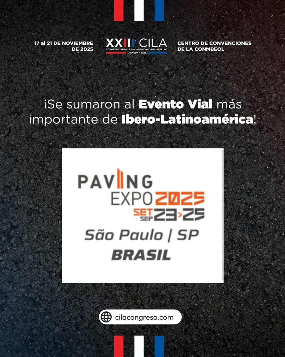 🚨 Grande novidade! O #XXIIICILA agora é parceiro internacional da Paving Expo 2025, o maior evento rodoviário do 🇧🇷. Juntos, impulsionamos soluções inovadoras para o setor!

📅 23 a 25 de setembro 📍 São Paulo
Mais info 👉 paving.com.br

#Paving2025 #CILA2025 #Asfalto
