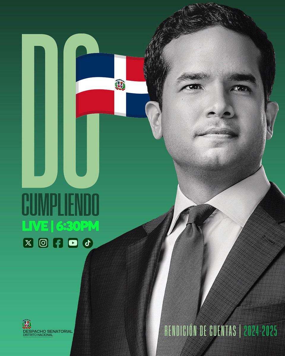 OmarLFernandez's tweet photo. Todo servidor público debe rendir cuentas ante la nación.

Hoy presento lo que hemos hecho en 2024-2025. Nos vemos a las 6.30pm.

#CumplienDO 🇩🇴 https://t.co/kmnE8rxD1G