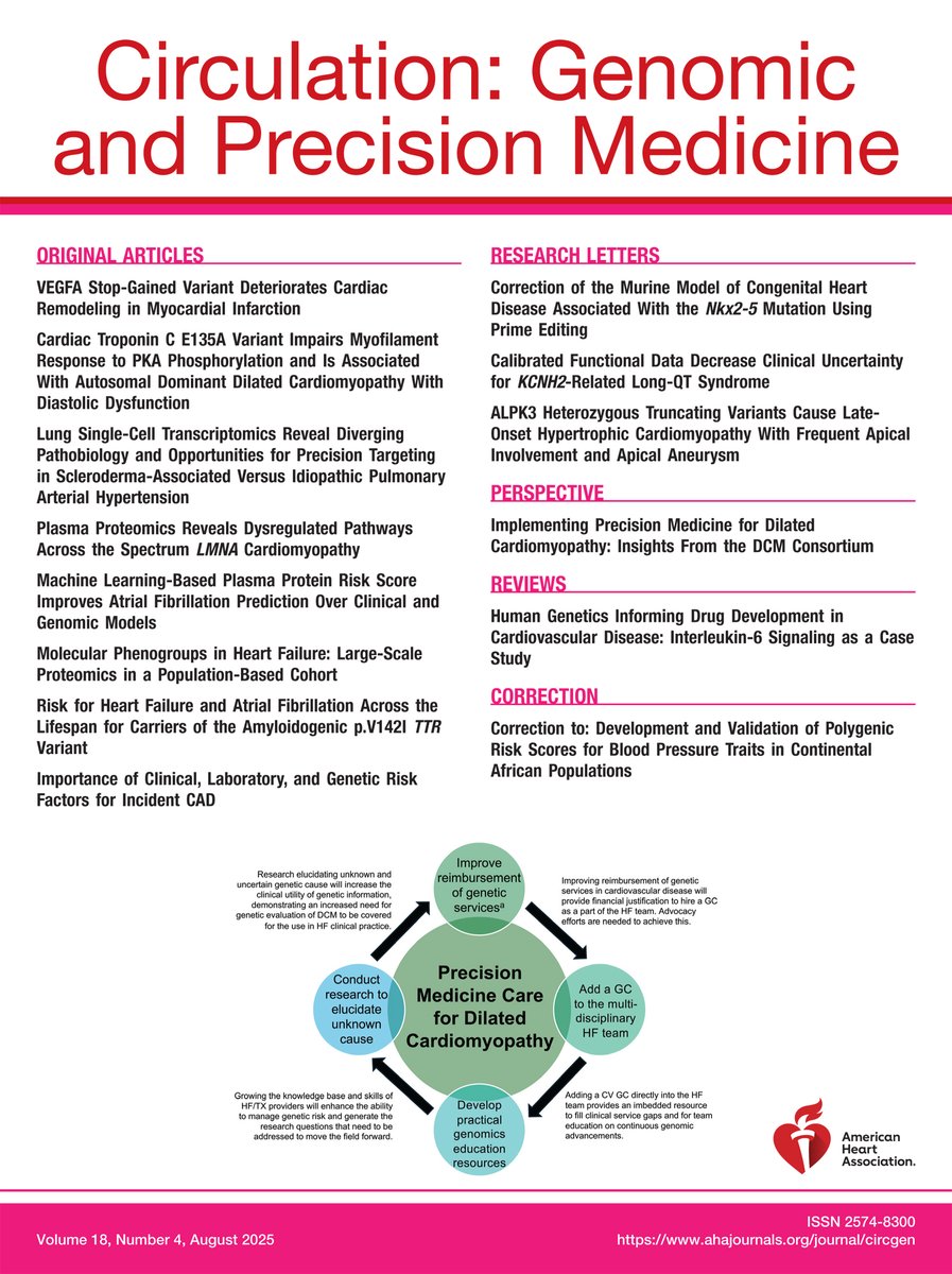Circulation: Genomic and Precision Medicine (@circ_gen) on Twitter photo Hot off the press! Check out the August edition of <a href="/Circ_Gen/">Circulation: Genomic and Precision Medicine</a> 📖featuring the latest original articles, research letters, & reviews, from everything from cardiomyopathy❤️to aortic disease & pulmonary 🫁 HTN ahajournals.org/toc/circgen/cu…
<a href="/AHAScience/">AHA Science</a> #AHAjournals #CardioTwitter #Genetics Hot off the press! Check out the August edition of <a href="/Circ_Gen/">Circulation: Genomic and Precision Medicine</a> 📖featuring the latest original articles, research letters, & reviews, from everything from cardiomyopathy❤️to aortic disease & pulmonary 🫁 HTN ahajournals.org/toc/circgen/cu…
<a href="/AHAScience/">AHA Science</a> #AHAjournals #CardioTwitter #Genetics