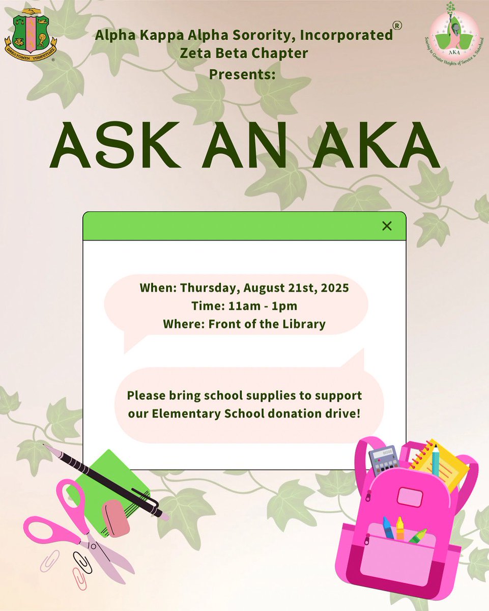 The first day of school is approaching, and we're here to help you start strong!
Join the ladies of Zeta Beta this Thursday, August 21st from 11am-1pm in front of the library. Also, don't forget to bring school supplies to support our Elementary School Donation Drive!🩷