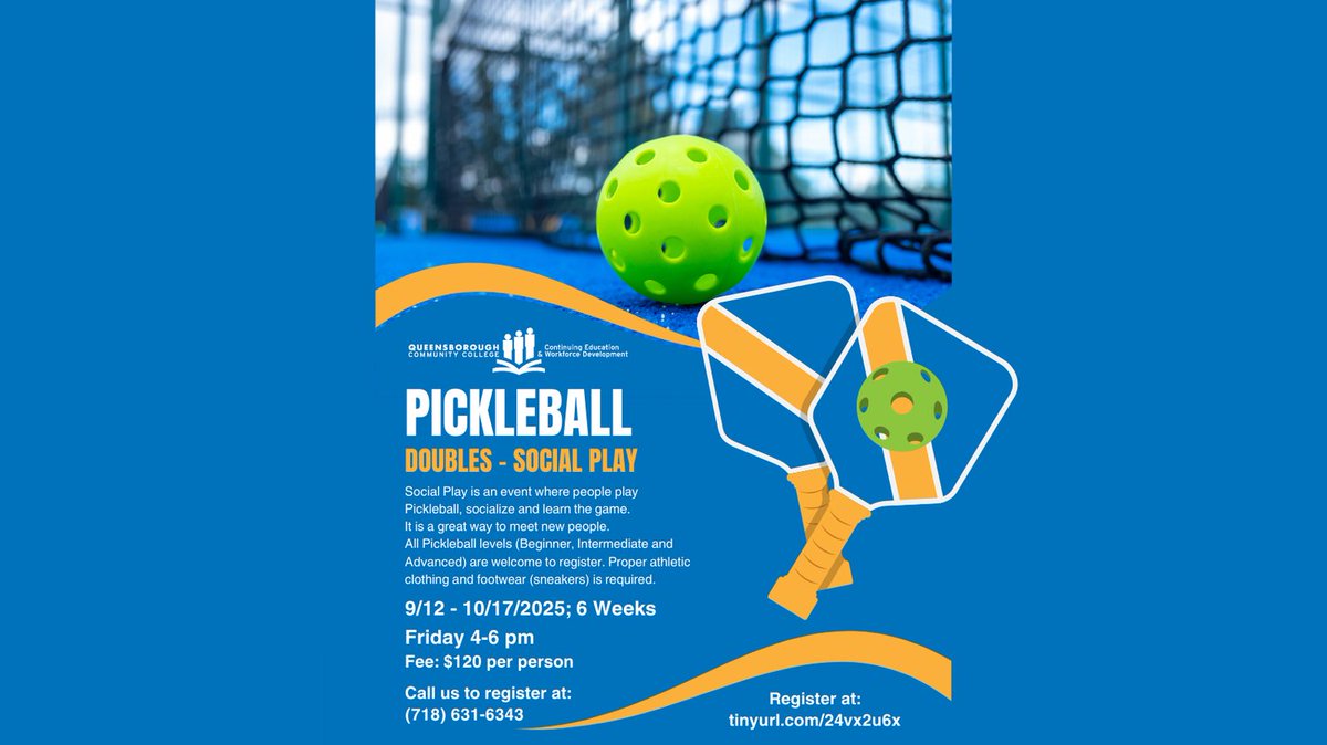 QCC_CE's tweet photo. Grab a Partner: Exciting Pickleball Doubles Await. Join our classes for a social pickleball experience. Register at: https://t.co/QY7Y8HPdDZ https://t.co/pFok3kMiiV