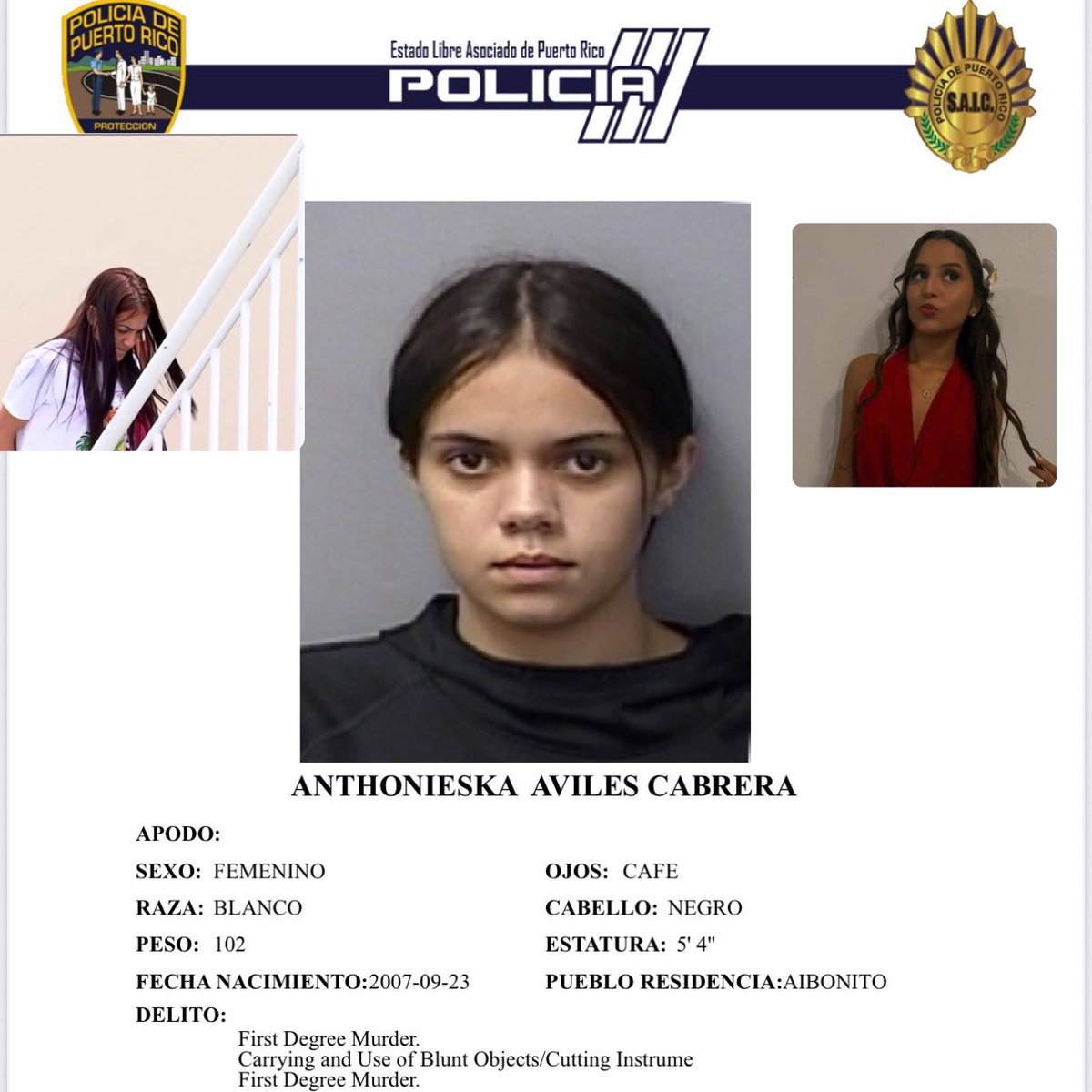 FICHADA como adulta Anthonieska Aviles Cabrera de 17 años quien junto a su madre fue acusada de asesinar a Gabriela Pratts de 16. Ambas van rumbo a la carcel