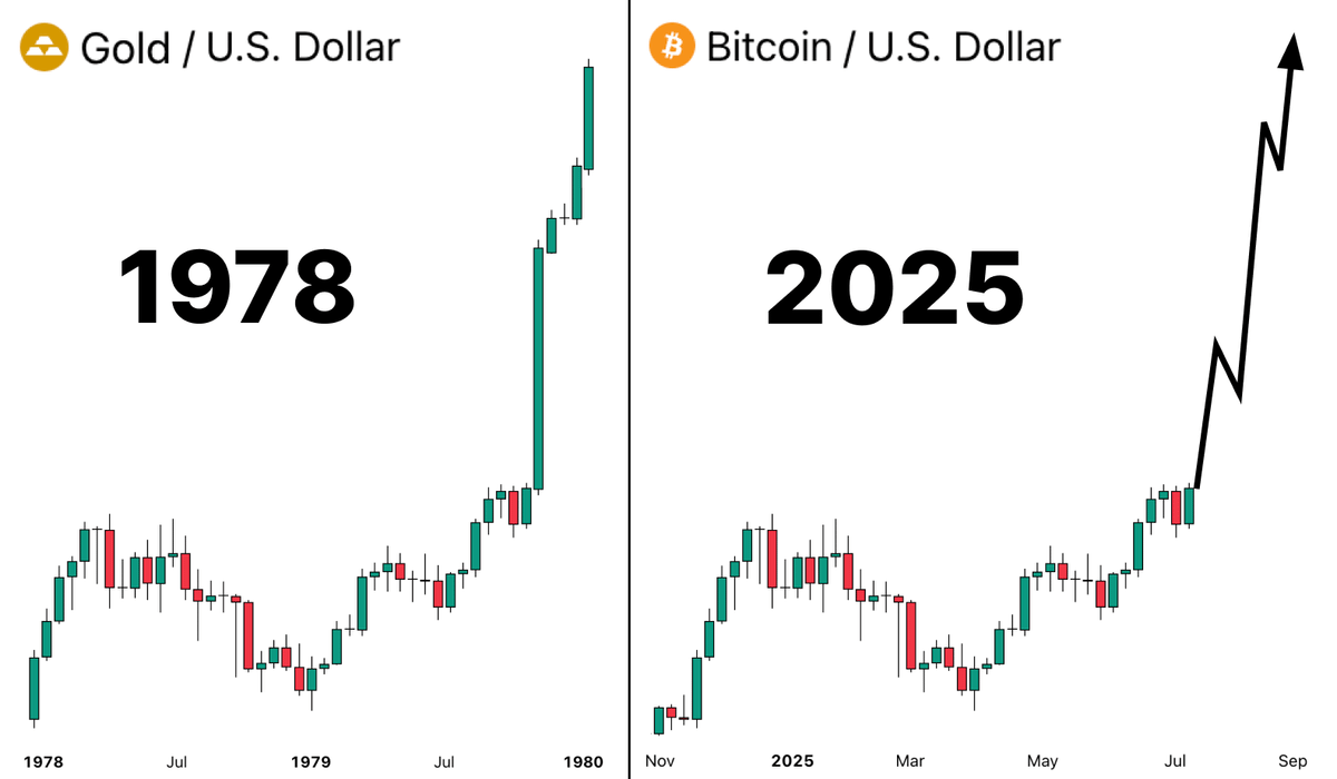 Someone has to tell you this...

Gold chart from 1978 looks exactly like Bitcoin in 2025

Same moves, same pattern, same 4x pump incoming

It's now confirmed: $BTC will hit $300k this cycle

Here's why it's still EARLY and what you MUST do now👇🧵