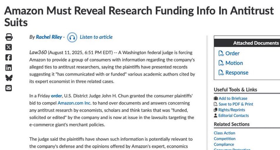 Judge says Amazon must disclose its research funding to economists, academics and think tanks as part of a class action lawsuit. 

Grifters are on notice. Clock is ticking.