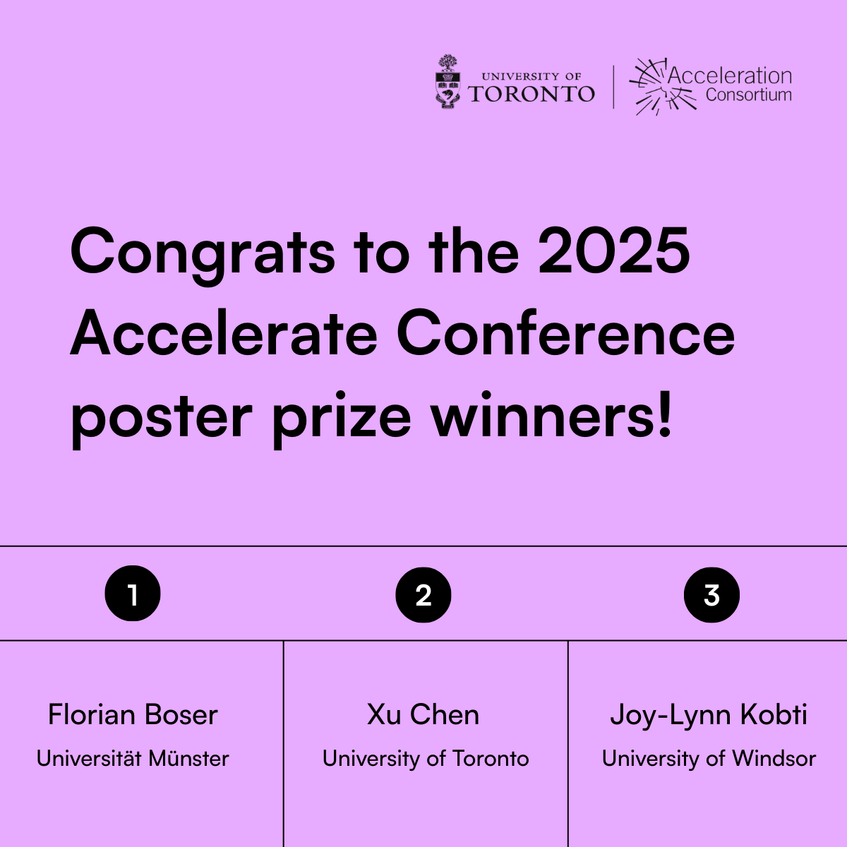 acceleration_c's tweet image. We're thrilled to announce the winners of the Accelerate Conference 2025 poster competition: 🥇
🥇Florian Boser, Universität Münster
🥈Xu Chen, @UofT
🥉Joy-Lynn Kobti, University of Windsor
Thanks to @digital_rsc for generously sponsoring this year’s poster prizes!
