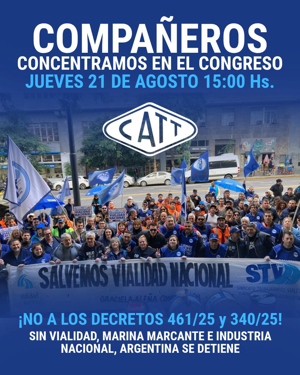 ¡NO A LOS DECRETOS 461/25 Y 340/25!

El jueves 21 nos concentraremos a las 15hs frente a la Plazoleta del Congreso para acompañar a los Trabajadores de Vialidad Nacional, de la Marina Mercante e Industria Naval, en el marco de la sesión para tratar los Dec. N° 461/25 y 340/25.