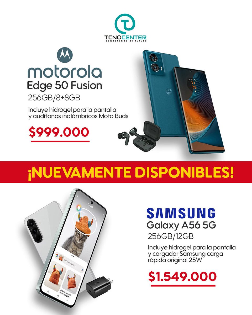 TcnocenterC's tweet image. ✨📱 ¡La espera terminó! 📱✨
En TcnOCENTEr ya tenemos disponibles los equipos que estabas buscando:
🚀 Motorola Edge 50 Fusion – 256GB/8+8GB
Incluye hidrogel para pantalla + audífonos Moto Buds 🎧
👉 Por solo $999.000
⚡ Samsung Galaxy A56 5G #Motorola #tcnocenter