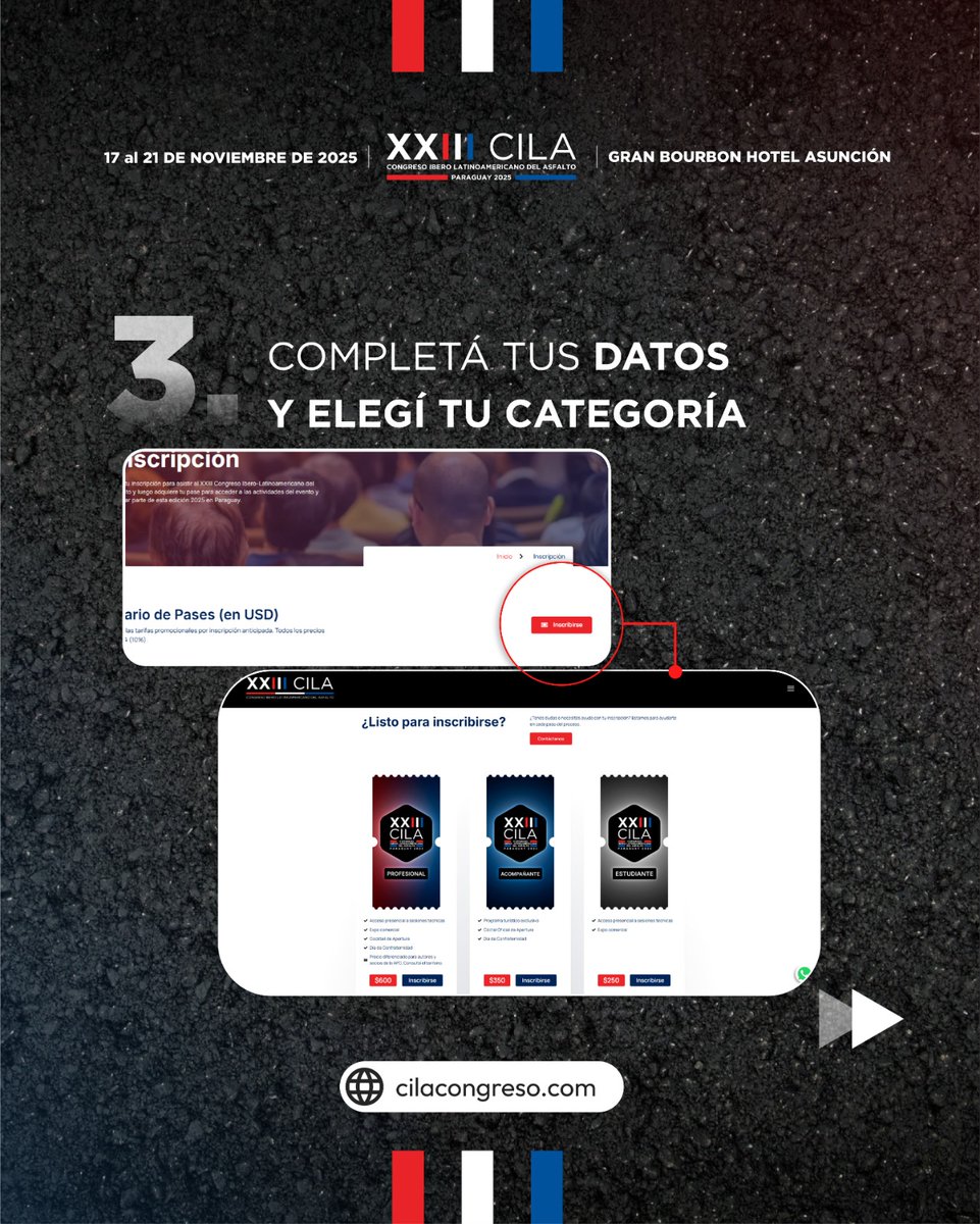 Asegurá tu lugar en el #XXIIICILA Paraguay 2025  
🛣️ Congreso Ibero-Latinoamericano del Asfalto  📷 

Registrate desde: cilacongreso.com/inscripcion 📷

#CongresoDelAsfalto #CILA2025 #XXIIICILA #Infraestructura #Networking #Asfalto