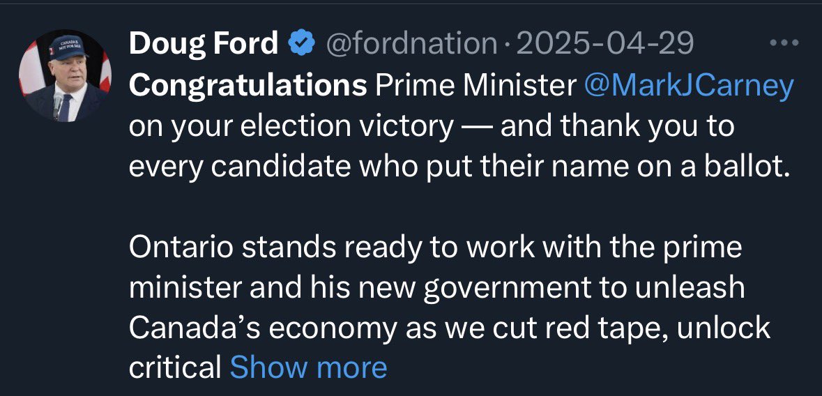 Doug Ford was quick to congratulate Carney on his election victory yet crickets on Pierre winning his seat back last night. 
Quite telling.