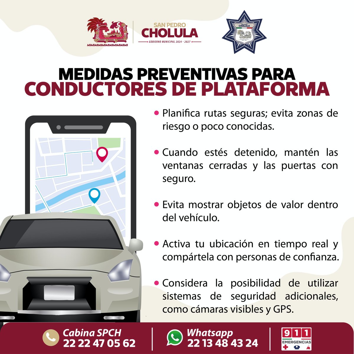 🚘 ¡Tu seguridad es lo más importante!

Si eres conductor de plataforma, sigue estas medidas preventivas para protegerte durante tus recorridos.

¡Prevenir un delito es tarea de todas y todos!