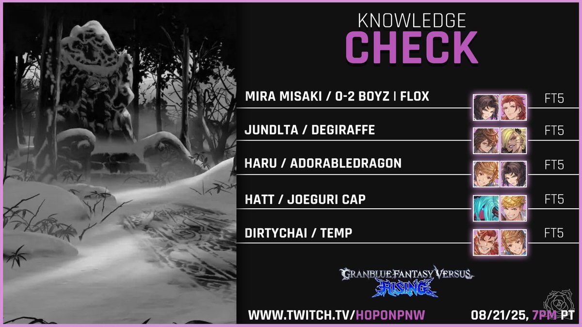 Going live on Thursday, 08/21 for another installment of GBVSR Knowledge Check! Tune in @ 7PM PT for another exciting series of matches!