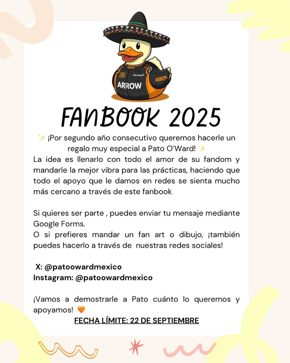 patoowardmexico's tweet photo. ¡Ya se la saben! 
Una vez más vamos a organizar un fanbook para nuestro Patito 🧡
Si quieres participar, mándanos tu mensajito por Google Forms (link en bio) 
Si tienes un dibujo o fan art, envíanoslo por mensaje y será parte de este regalo tan especial https://t.co/QZHNvIPL9g