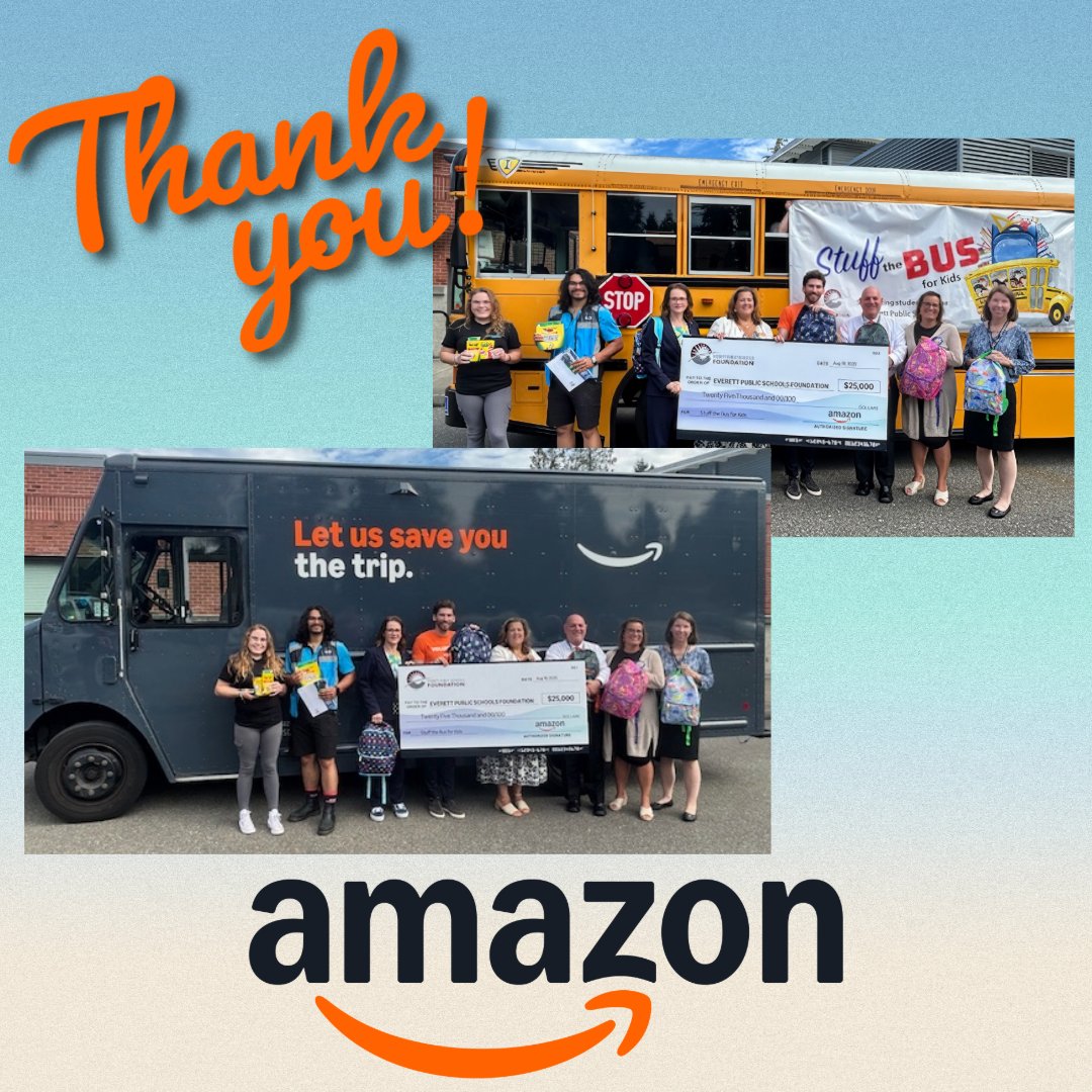 EPSF is so grateful to accept a big check from <a href="/amazon/">Amazon</a> w/ Mayor Franklin &amp; Superintendent Dr. Saltzman. They generously donated $25,000 to Stuff the Bus! Their teams volunteered collecting school supplies, stuffing backpacks, &amp; helped deliver backpacks to our schools 🤩Thank you!