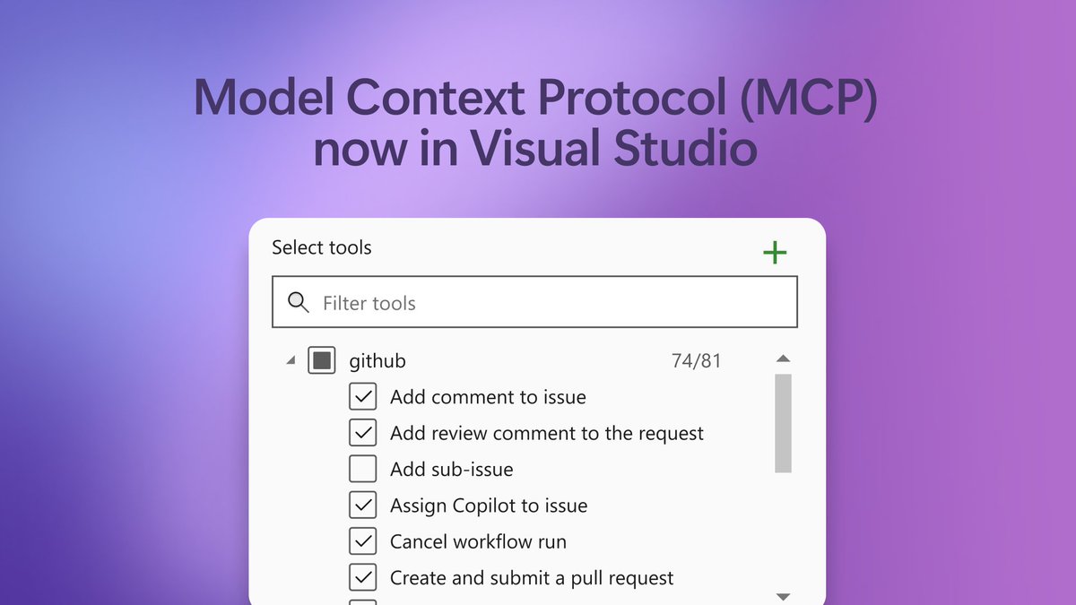 VisualStudio's tweet image. Visual Studio has a new trick up its sleeve: Model Context Protocol (MCP) is now generally available! 🎉
MCP helps Copilot connect to your internal tools, APIs, and databases—securely and with context. It’s like giving your AI assistant a map and a key. 🗺️🔑
✨ One-click server…