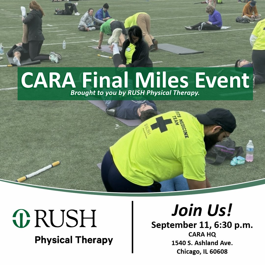 Runners! Is this your first marathon? Do you need last-minute tips before race day? Join CARA and RUSH Physical Therapy on September 11 at CARA headquarters at 6:30 p.m. to help you feel ready to run October 12. Can't wait that long? Contact injuryhotline@rushpt.com. #Marathon
