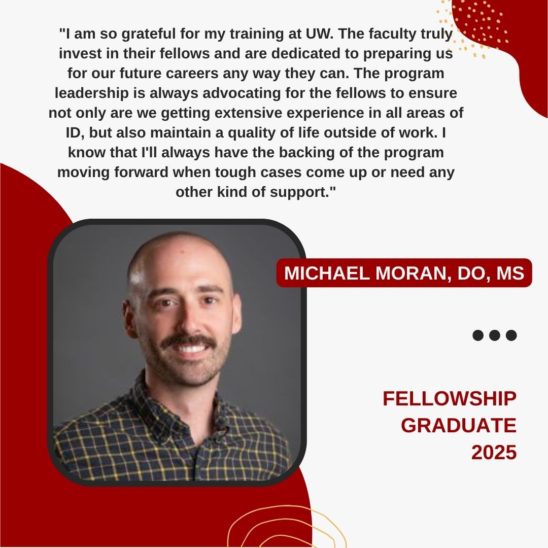 uw_infdisease's tweet photo. See what our recent ID fellowship graduate, Dr. Michael Moran, has to say about his time with us!

#idfellowship #infectiousdiseasefellowship #graduatesuccess https://t.co/EnhCCVBvpf