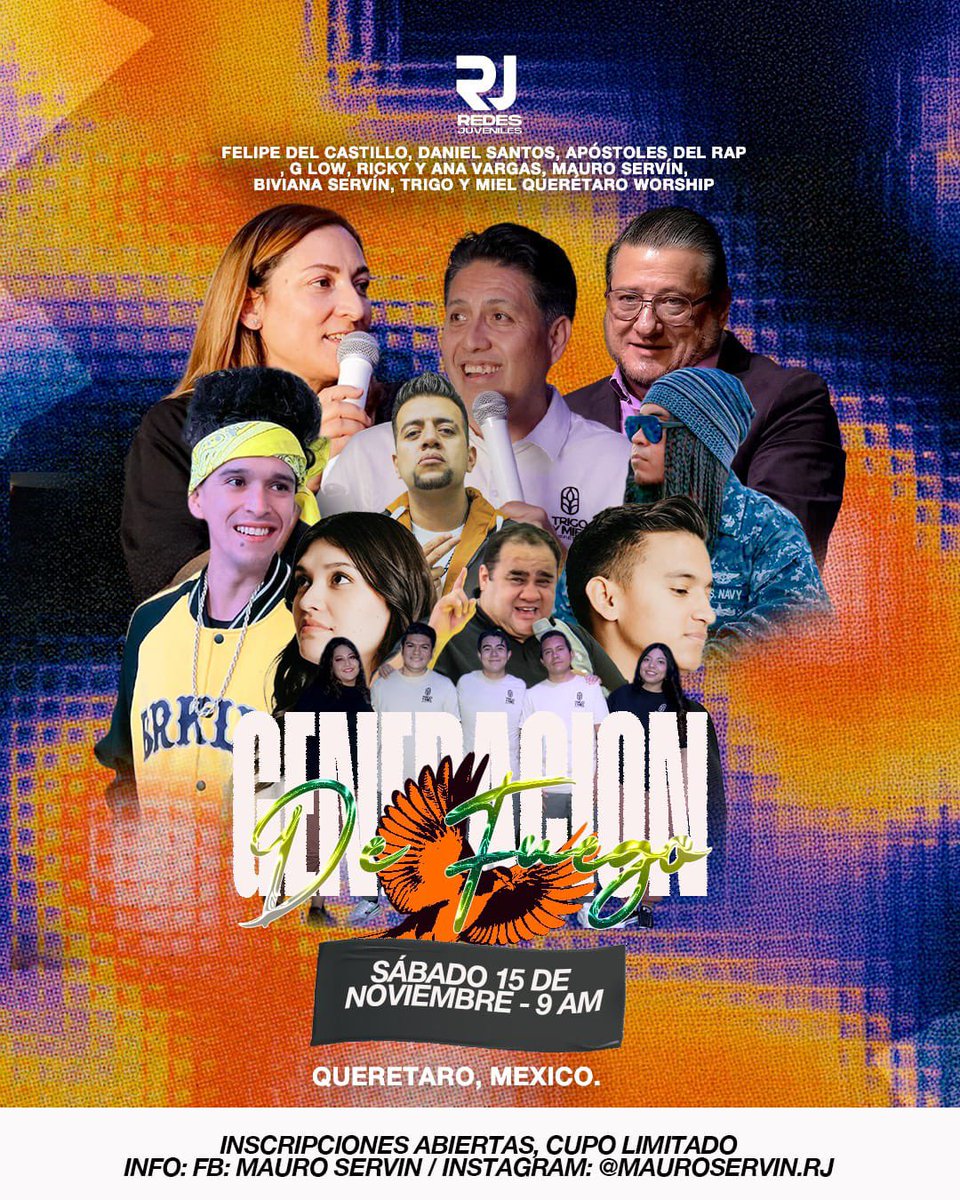 Info 👉 acortar.link/rj25 
Redes Juveniles 2025, "Generación de Fuego" Sábado 15 de Noviembre en Querétaro, Qro. 

Se parte de lo que creemos será un evento transformador y lleno del Espíritu Santo   🔥🕊