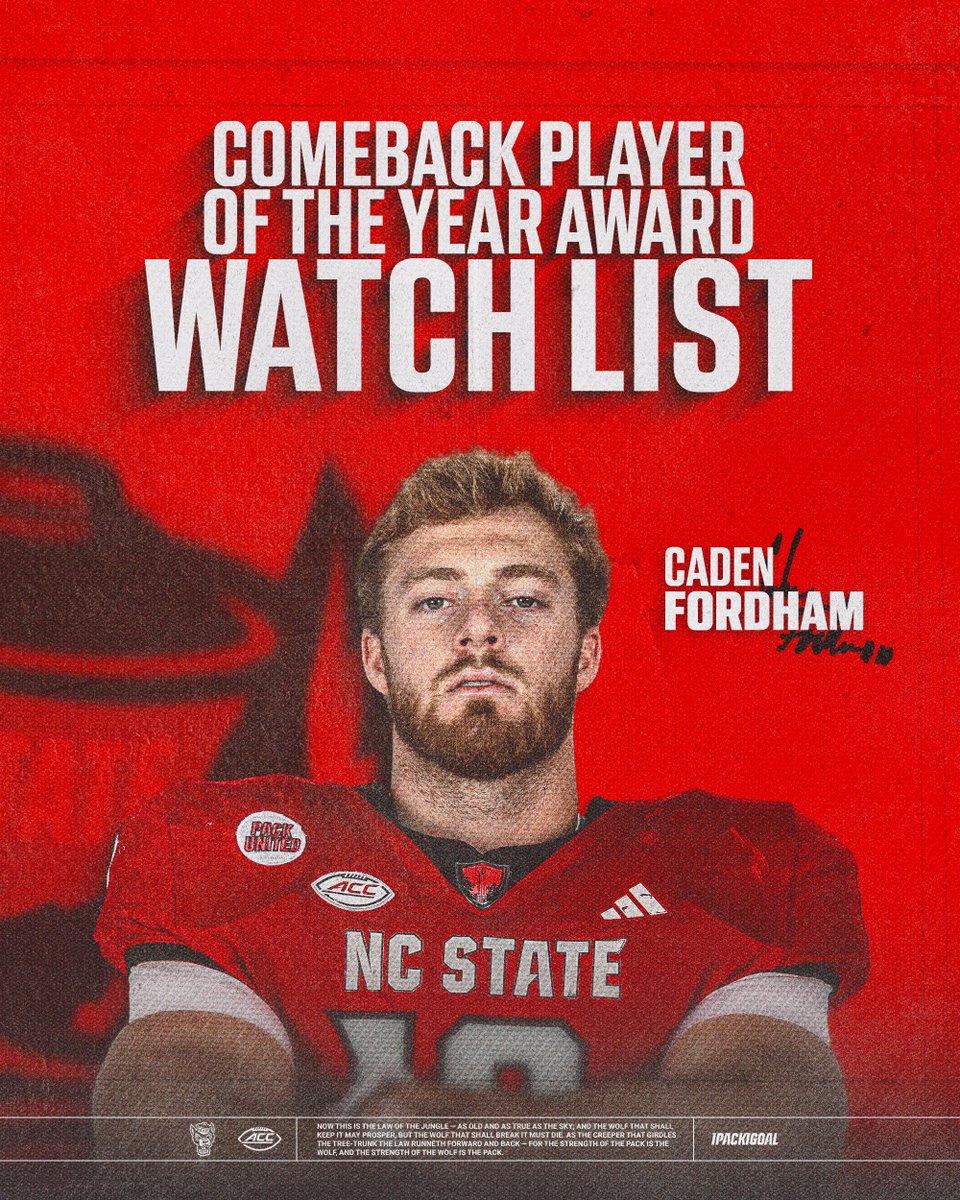 NC State Football (@packfootball) on Twitter photo The bounce back.
<a href="/Caden_Fordham/">Caden Fordham</a> has been named to the Comeback Player of the Year Award Watch List.
📰: tinyurl.com/2xzvfahc The bounce back.
<a href="/Caden_Fordham/">Caden Fordham</a> has been named to the Comeback Player of the Year Award Watch List.
📰: tinyurl.com/2xzvfahc