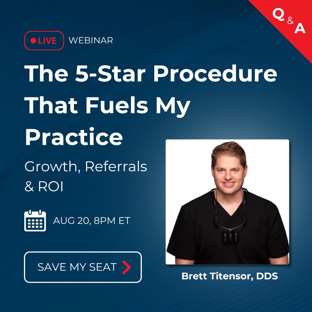 Growth doesn’t have to mean more work. Learn how Dr. Titensor turned smarter workflows into 5-star results with a one-visit procedure that pays off. 💪

📅 August 20
🕗 8:00 PM ET
🔗 Register: bit.ly/3V7OBjA