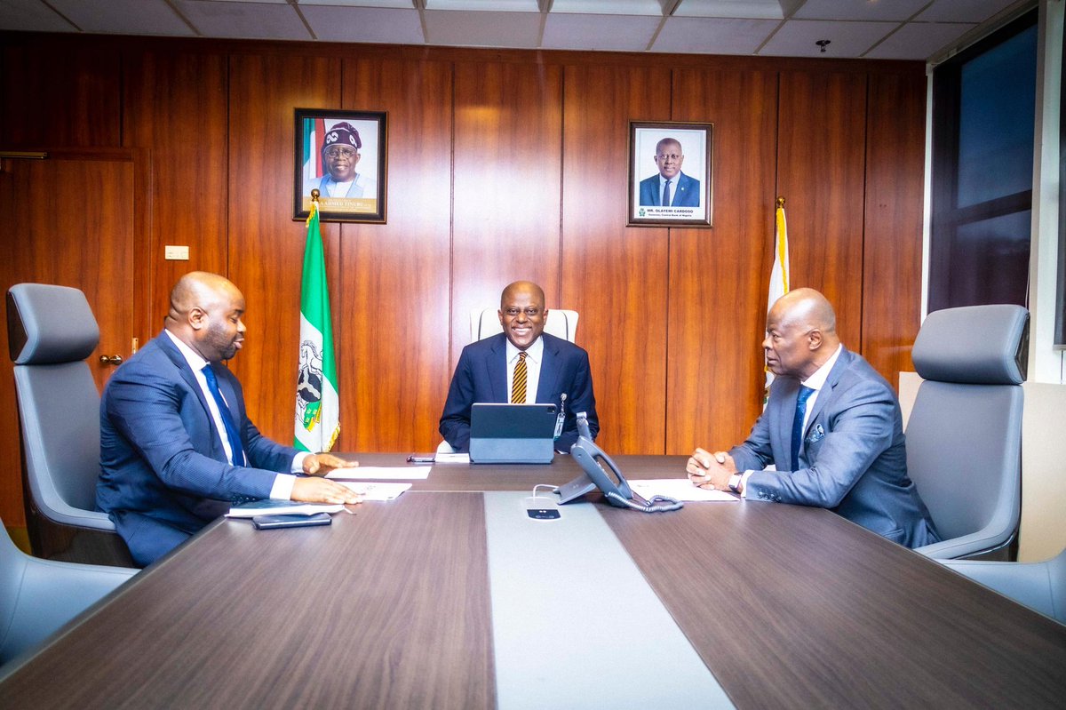 Discussing Crucial Economic Matters: 

The Governor, Mr. Olayemi Cardoso (middle) flanked by the Minister of Finance and Coordinating Minister of the Economy, Mr. Wale Edun (right) and the Executive Chairman, Federal Inland Revenue Services (FIRS), Dr. Zaccheus Adedeji, after a