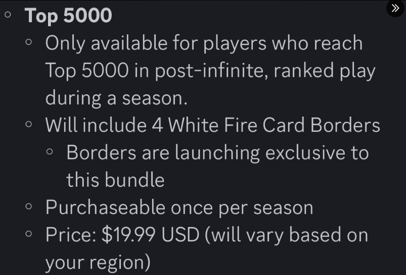 Por fin. Ha tardado, pero ha llegado. Después de solo dos (2) años, llegan las recompensas EXCLUSIVAS a los top ladder de Marvel Snap. 

Si quedas en el top5k, te dan la OPORTUNIDAD, por ser tan bueno, de gastarte 20€ para conseguir cuatro (4) BORDES🔥

Historia.