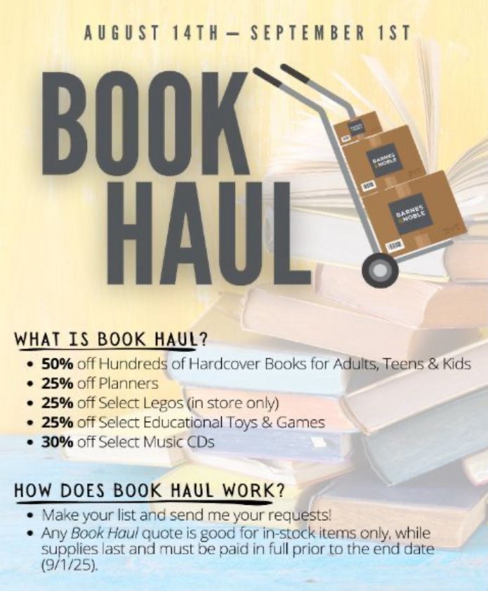 📦✨ It’s Book Haul time! ✨📦

From now until September 1, stock up on classroom &amp; personal favorites with these amazing deals:

📚 50% off Hundreds of Hardcovers
🗓️ 25% off Planners
🧩 25% off Select Legos (in-store)
Don’t miss your chance to haul BIG savings! 🙌
#BackToSchool
