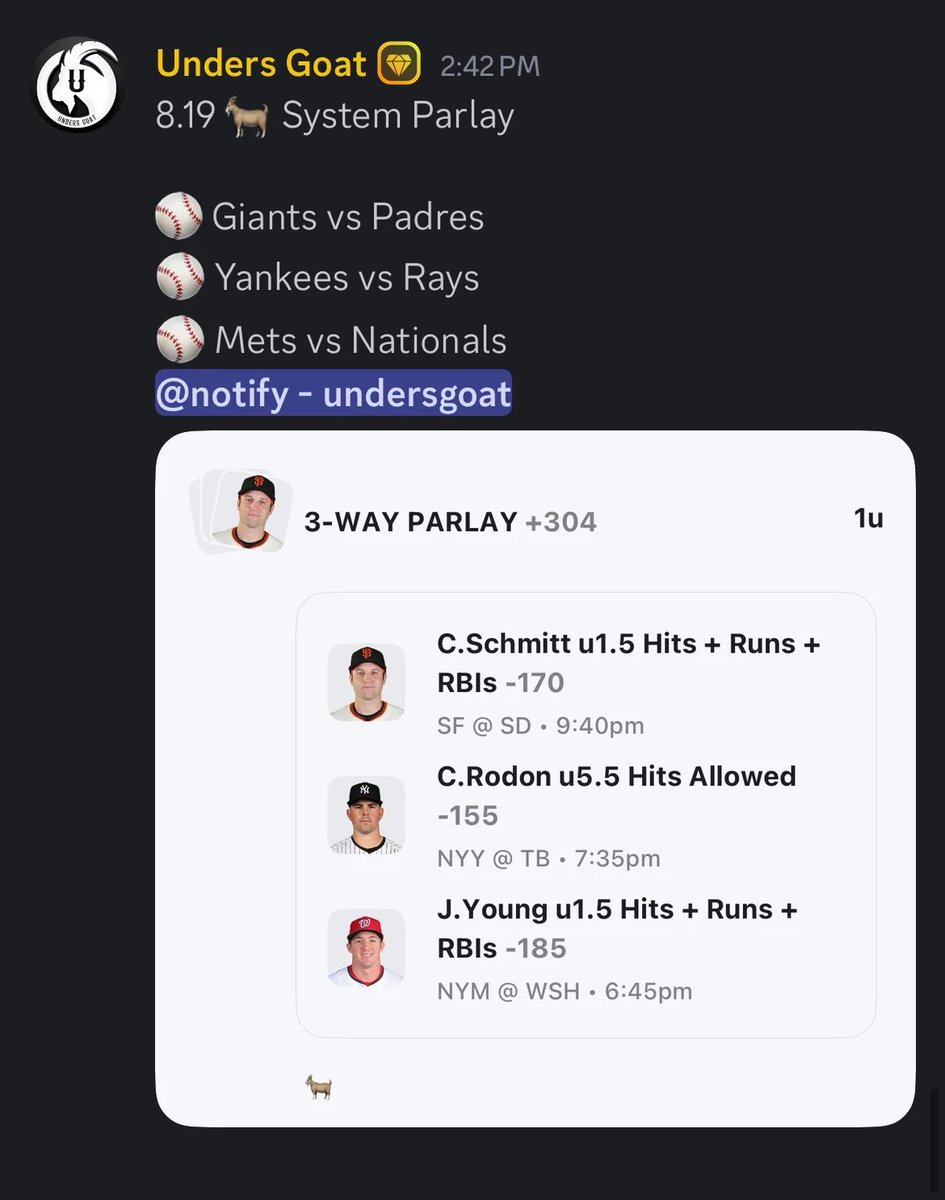Unders GOAT🐐 (@unders_goat) on Twitter photo System Parlay
$50 → $202🎰
Powered by <a href="/Bet_Labs/">Bet Labs Sports</a>
⚾ Giants vs Padres
⚾ Yankees vs Rays
⚾️ Mets vs Nationals System Parlay
$50 → $202🎰
Powered by <a href="/Bet_Labs/">Bet Labs Sports</a>
⚾ Giants vs Padres
⚾ Yankees vs Rays
⚾️ Mets vs Nationals
