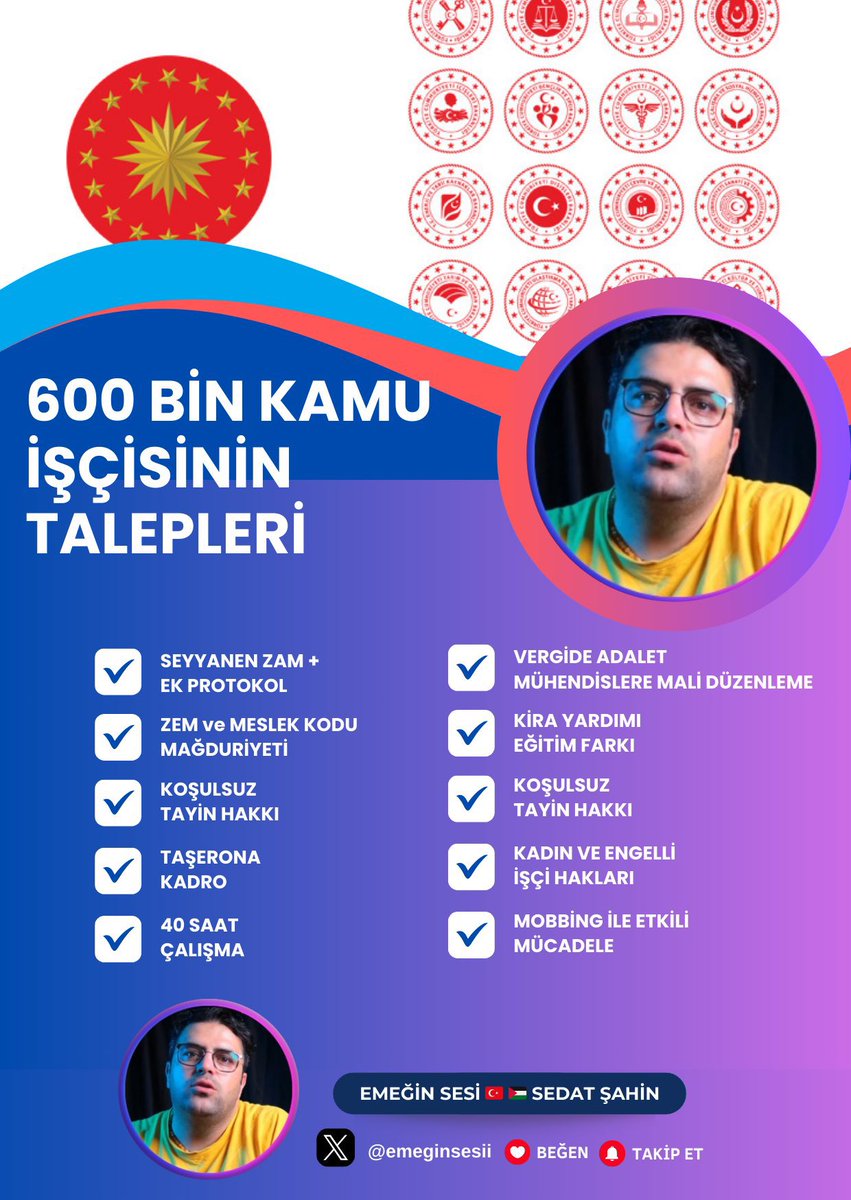 Kamu işçilerinin,

♦️Vergide Adalet 
♦️Refah Payı
♦️Eşel Mobil 
♦️Tayin Hakkı
♦️Meslek Kodu
♦️ Kıdem Farkı 
♦️Kıdem Tazminatı 
♦️ Sendika Aidat İndirimi
♦️ Delegesyon Sistemi 
gibi sorunları devam ediyor.

İşçiSendikaları SınıftaKaldı

<a href="/isikhanvedat/">Prof. Dr. Vedat Işıkhan</a> <a href="/hakiskonf/">HAKİŞ KONFEDERASYONU</a> <a href="/turkiskonf/">TÜRK-İŞ</a>