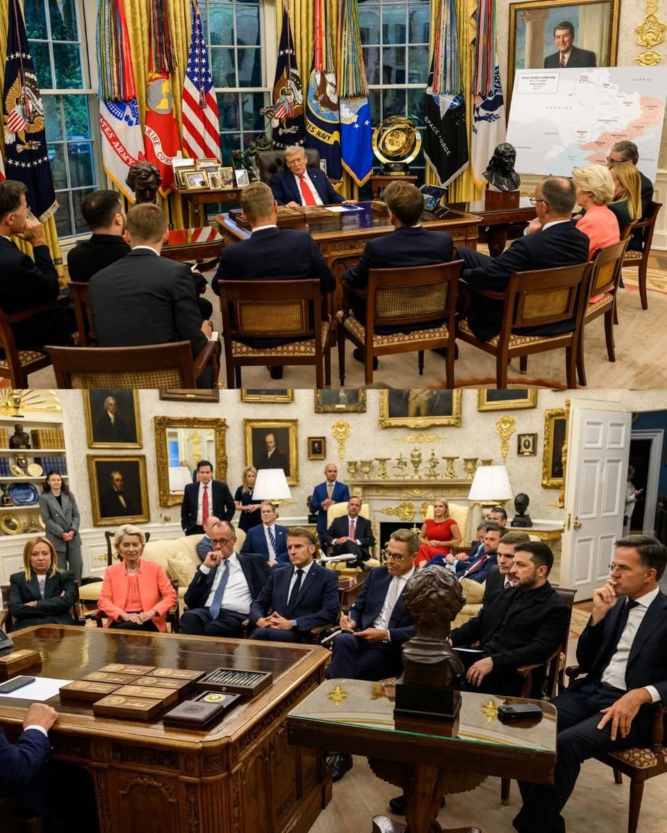 No habrá momento mas humillante para europa que la imagen de Trump dándole órdenes a sus mascotas,. Europa simplemente dejo de brillar hace mucho tiempo.  Foto Histórica.....!!!!