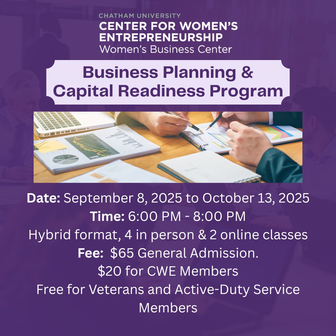 Prepare to secure funding with a solid business plan by enrolling in CWE’s six-week Business Planning and Capital Readiness program, starting September 8. Learn more and register here : chatham.edu/cwe/events/det…