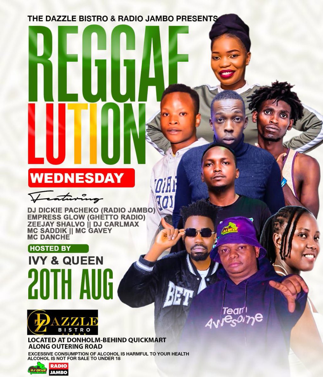 🌍🎶The revolution is REGGAE-LUTION! 🎶🌍 This Wednesday 20th Aug we link up at Dazzle Bistro – Donholm for pure reggae energy, good vibes, and nonstop riddims! 💃🏽🕺🏽🔥 Featuring top selectors &amp; MCs on rotation 🎤 Hosted by Ivy &amp; Queen 📍 Behind Quickmart, Outering Rd✨
