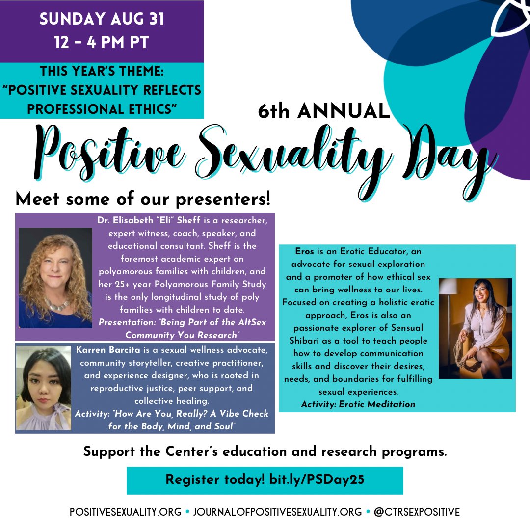 Meet some of the presenters for #PositiveSexualityDay25!
Register free and join us for our 6th annual virtual fundraiser on Aug 31 at 12pm PDT!
bit.ly/PSDay25 

<a href="/DrEliSheff/">Elisabeth Sheff, PhD, CSE</a> 
<a href="/DiosaaEros/">Diosa Eros</a>