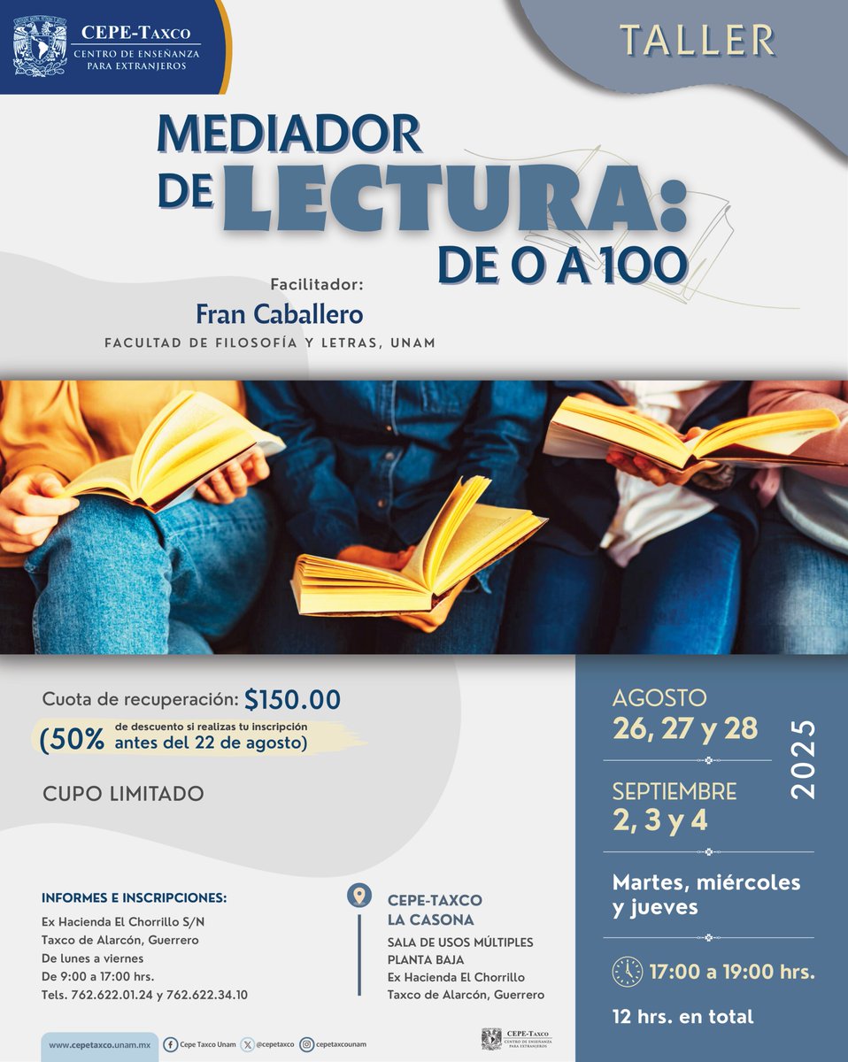 De lector 📖 a mediador 🚀
12 horas, 2 módulos, 1 experiencia transformadora.
📌 50% de descuento si te inscribes antes del 22 de agosto
👉 Inscripciones abiertas en el CEPE-Taxco.
#LecturaViva #CEPETaxco #CulturaQueInspira