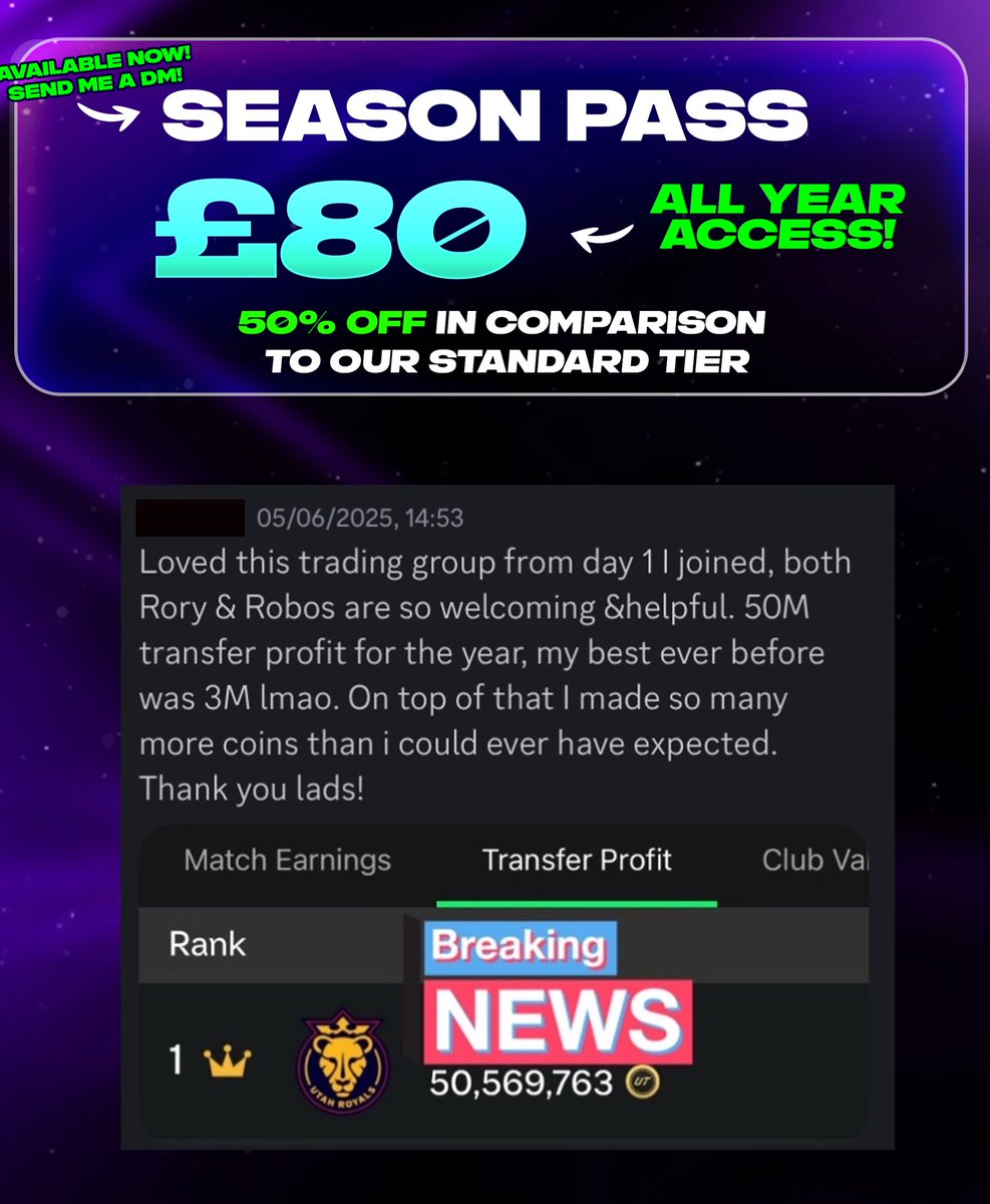🚨 FULL year trading group pass memberships are live! 

✅ 10M coins easily achievable 
✅ Some members made 50M across the year! 
✅ 50% off in comparison to if you get a standard tier monthly membership 
✅ Limited availability 

DM me or <a href="/RobosFUT/">RobosFUT</a> if you’d like one 🤝