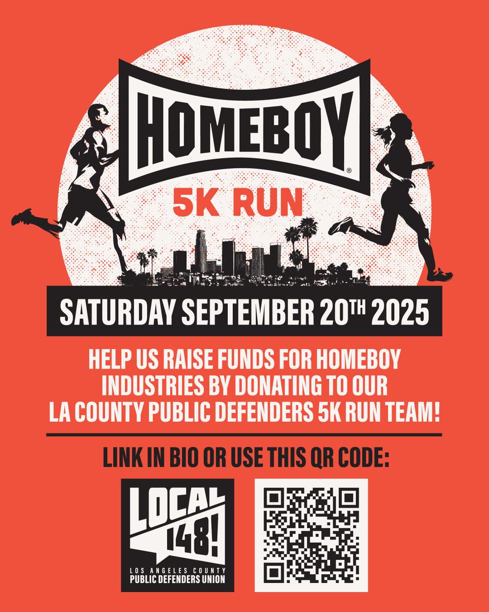 L.A. County Public Defenders Union (@lapubdefunion) on Twitter photo Join Local 148 at the #Homeboy5K! 🏃♂️
This isn’t just a race—it’s a movement. Every step supports <a href="/HomeboyInd/">Homeboy Industries</a>, the world’s largest gang rehabilitation and re-entry program.
👉 Register now and be part of a terrific cause. See you there: raceroster.com/events/2025/10… Join Local 148 at the #Homeboy5K! 🏃♂️
This isn’t just a race—it’s a movement. Every step supports <a href="/HomeboyInd/">Homeboy Industries</a>, the world’s largest gang rehabilitation and re-entry program.
👉 Register now and be part of a terrific cause. See you there: raceroster.com/events/2025/10…