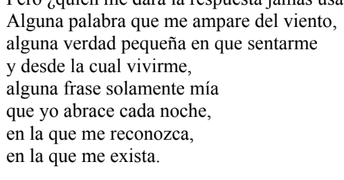 Some word that will shelter me from the wind,
some small truth to sit upon
and from which to live myself,
some phrase that’s only mine
that I can embrace each night,
in which I recognize myself,
in which I exist.

from Alejandra Pizarnik, “Origin” (fragment)