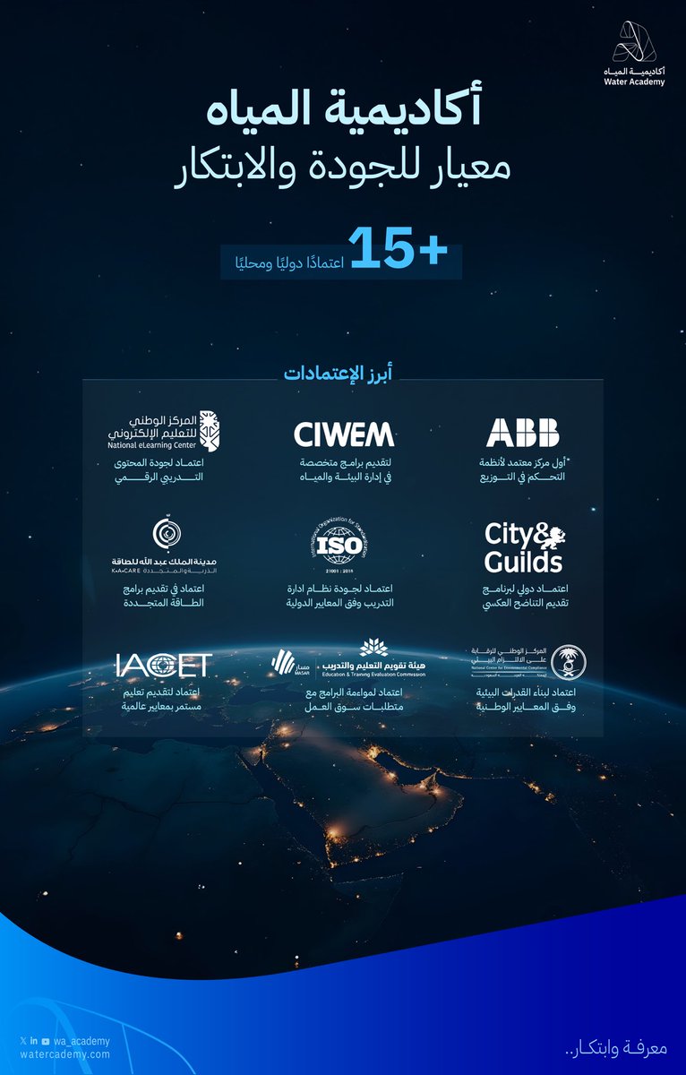 #أكاديمية_المياه
معيار للجودة والابتكار.
+15 اعتماد دولي ومحلي يعكس التزامنا بتقديم برامج تدريبية بمعايير عالمية.