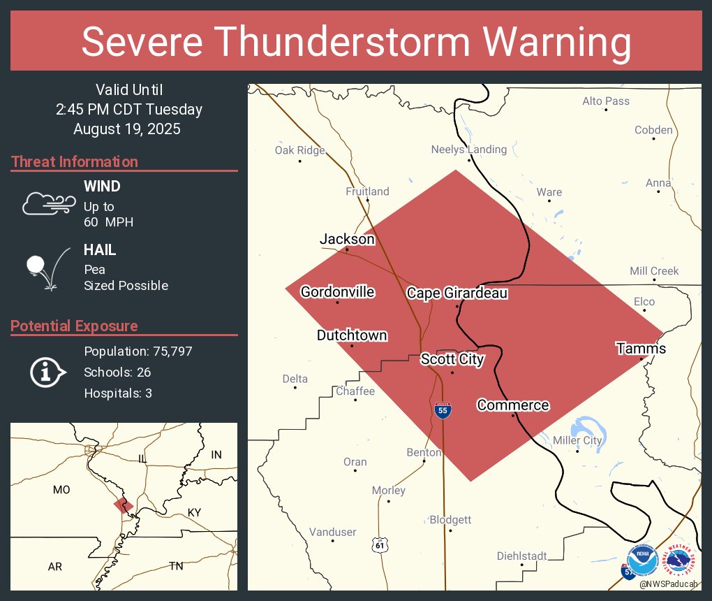 K103FM's tweet photo. Severe Thunderstorm Warning including Cape Girardeau MO, Jackson MO and  Scott City MO until 2:45 PM. From NWS &amp; River Radio. https://t.co/UprCS96vGg