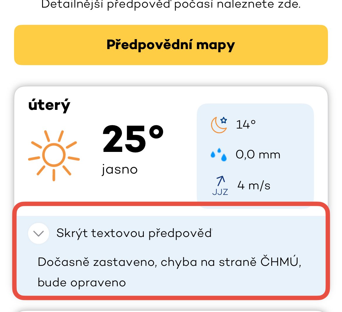 jirig's tweet photo. @CHMUCHMI Jednodušší věci by šly prosím vyřešit? 

1/ Textové předpovědi, u kterých měsíce svítí “dočasně”. 

2/ Možnost zrušit napevno zařazenou předpověď podle polohy? Že by se dala přidat/odebrat jako jiná místa. 
Děkuji https://t.co/C2c2Y2nXhJ