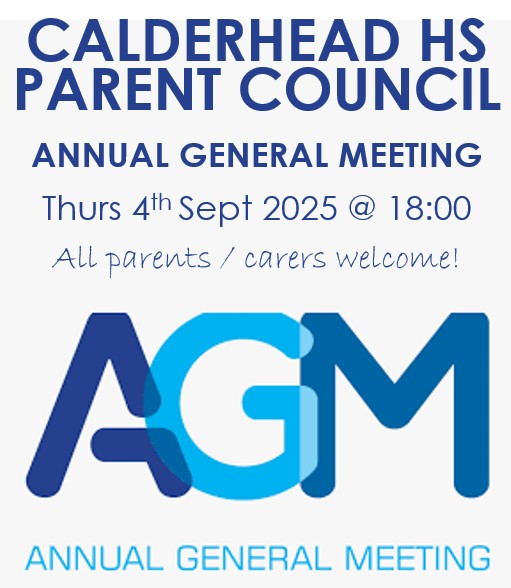 CalderheadPC's tweet photo. Alongside our AGM on Thursday 4th September, there will be a session for our new S1 parents - more details to follow. @CalderheadHS https://t.co/Khm38DHBS9