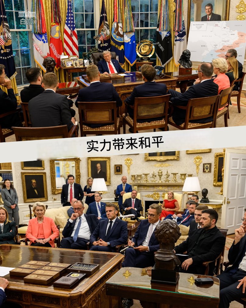 金碧輝煌｜特朗普重返白宮後前後對比】 美國總統特朗普重返白宮後，對白宮進行大規模裝修改造。美媒最近拍到照片顯示，橢圓形辦公室 內部已變得金碧輝煌，氣派越來越像海湖莊園。, image size:808x1010